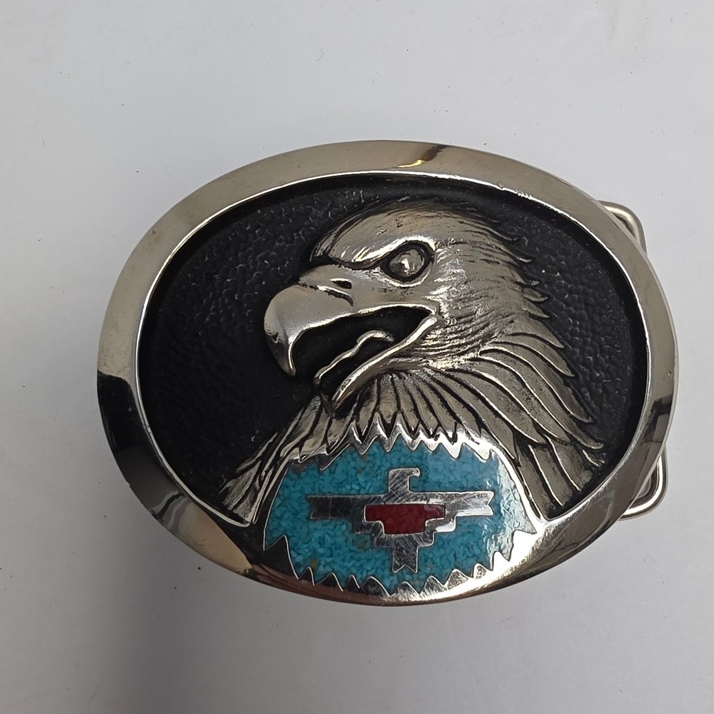 Vintage G&S 2000 Eagle Belt Buckle Southwestern Turquoise Thunderbird Pewter